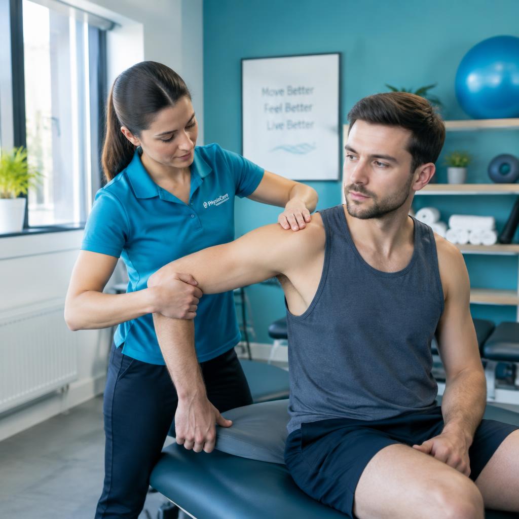 Fisioterapista durante una seduta di terapia del dolore sulla spalla